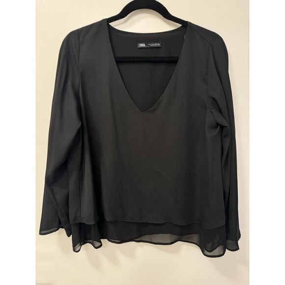 Zara Medium Black V Neck Flowy Blouse 3/4 Sleeve Layered Top - Picture 1 of 6